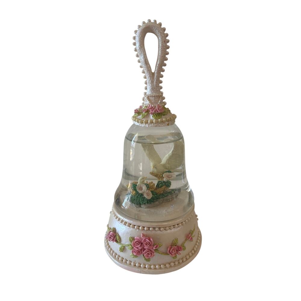 Sanyo Bell Snow Globe Music Box dove Pink Roses Plays Love Story 10”